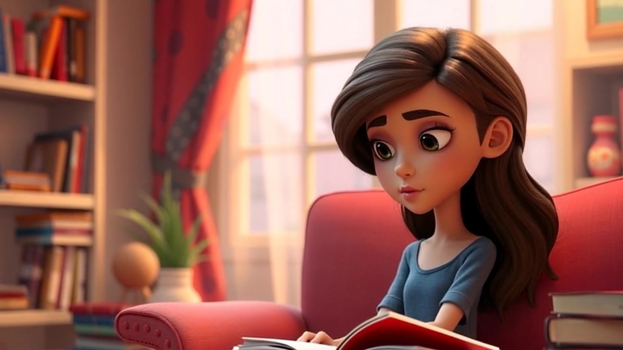 Scene: A cozy living room filled with shelves of books, softly illuminated by warm lighting, creating an inviting atmosphere. Motion: The camera slowly approaches Laila sitting silently, capturing her serene expression as the gentle ambiance surrounds her. The shot maintains a closeup focus, enhancing the intimate feel of the tranquil setting.