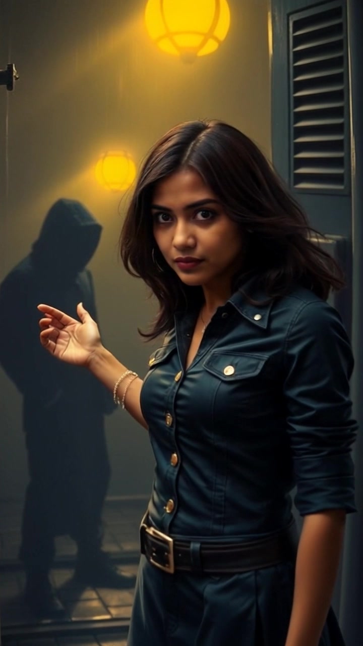 Subject: A woman standing with an urgent expression. Subject movement: She points assertively towards a shadowy figure in the corner of the dimly lit room, her body slightly leaning forward. Scene: A tense, dimly lit room, shadows creeping along the walls, enhancing the feeling of suspense. Style: Moody lighting creating a dramatic atmosphere, with stark contrasts highlighting the woman's features against the surrounding darkness. Motion: The camera gently pushes in towards the woman, capturing the intensity in her eyes, before shifting focus suddenly to the indistinct figure in the shadows.