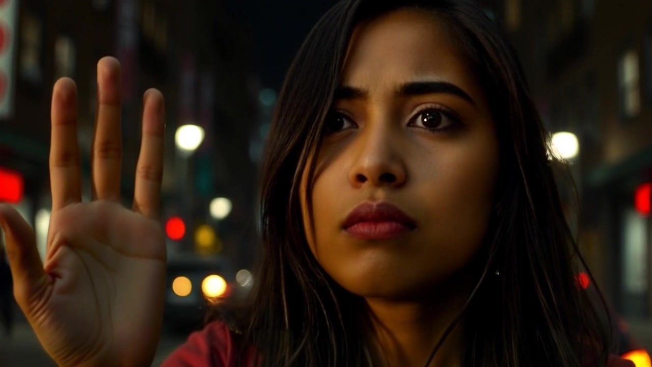 Subject: A person with a fearful expression, hand raised as if in emphasis. Scene: Close-up shot of the person's face, highlighting their fearful eyes filled with concern. Style: Dramatic low-key lighting creating stark contrasts and enhancing the emotional intensity. Motion: Camera slowly pushes in on the subject's face, capturing the subtle shifts in expression and the tensing of the hand.