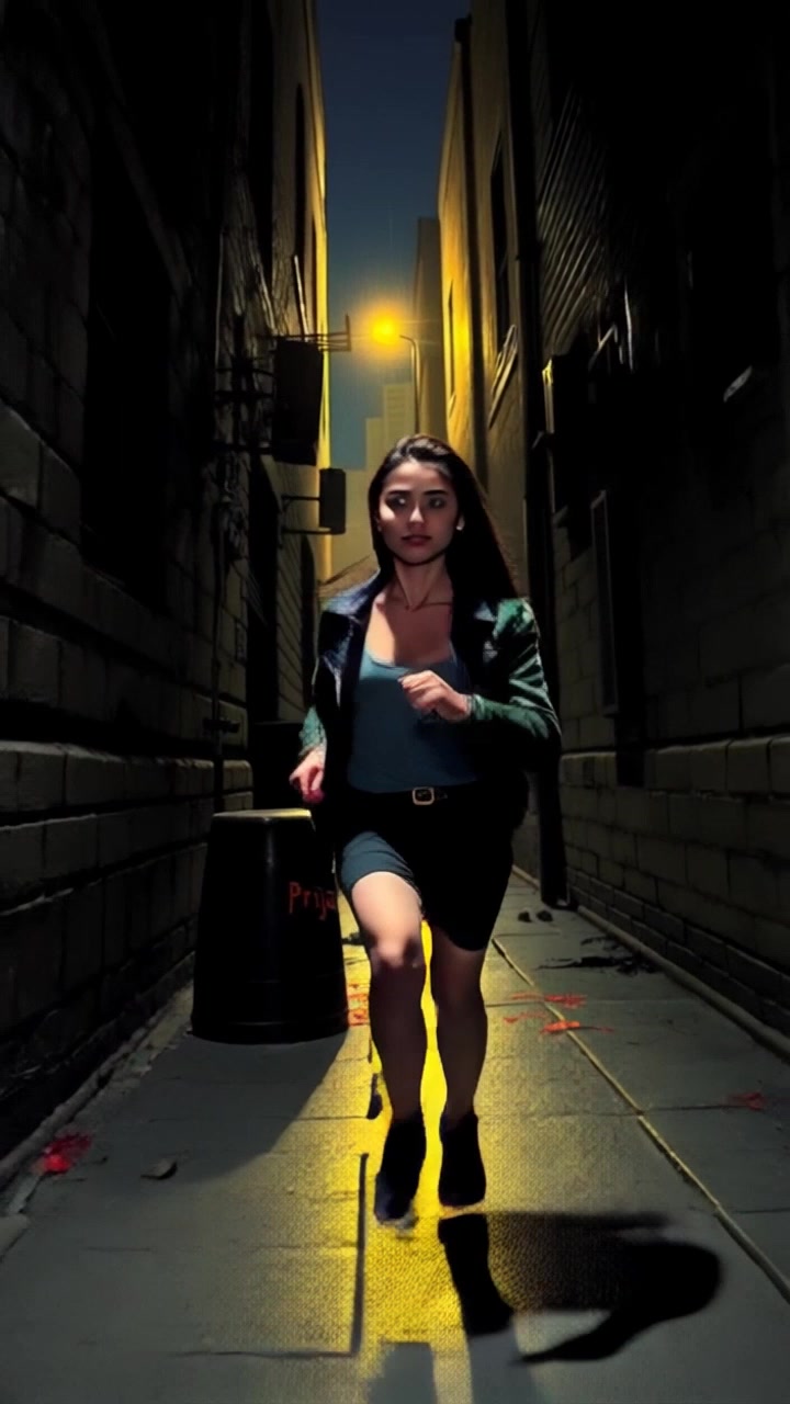 Subject: A figure sprinting through a narrow, ominous alley. Subject movement: Priya runs swiftly, her footsteps echoing in the darkness as she glances over her shoulder. Scene: Dark alleyway with looming shadows cast by the surrounding buildings. Style: Dim, moody lighting highlights the stark contrasts between light and dark, adding an air of suspense. Motion: Handheld camera tracks Priya from behind, capturing her urgent pace while weaving through the darkness.