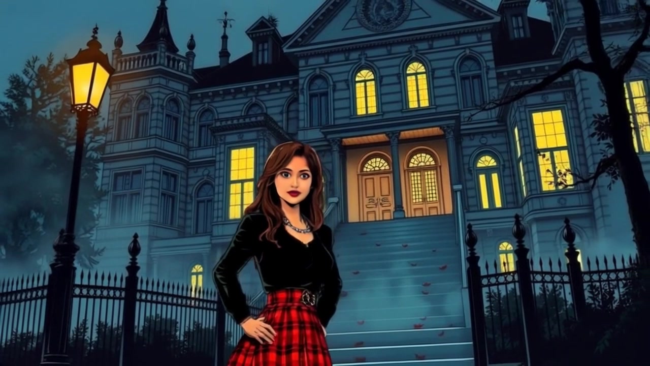 Subject: Priya standing outside a grand old mansion, looking curious with her hands on her hips. Subject movement: She shifts her weight slightly from side to side, glancing around the mansion. Scene: The camera captures the grandeur of the mansion, with its towering columns and detailed architecture, surrounded by an overgrown garden. Style: Soft, diffused light creating a magical atmosphere. Motion: The camera begins with a close-up of Priya's curious expression, then pulls back smoothly to reveal the mansion in its entirety, framing her in the foreground against the majestic building.