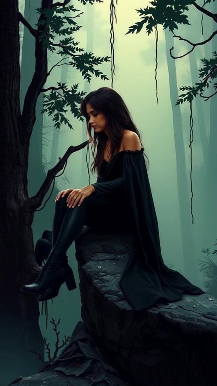 Subject: A person sitting on a large rock in a dense forest, looking down with a melancholic expression. Subject movement: The person shifts slightly as they look around, occasionally brushing leaves off the rock. Scene: Dense forest with tall trees and dappled sunlight filtering through the leaves, creating a serene yet somber atmosphere. Style: Soft, natural light with warm highlights and cool shadows enhancing the mood. Motion: A slow panning shot around the person, capturing the stillness of the forest and the subtle movements of the foliage.