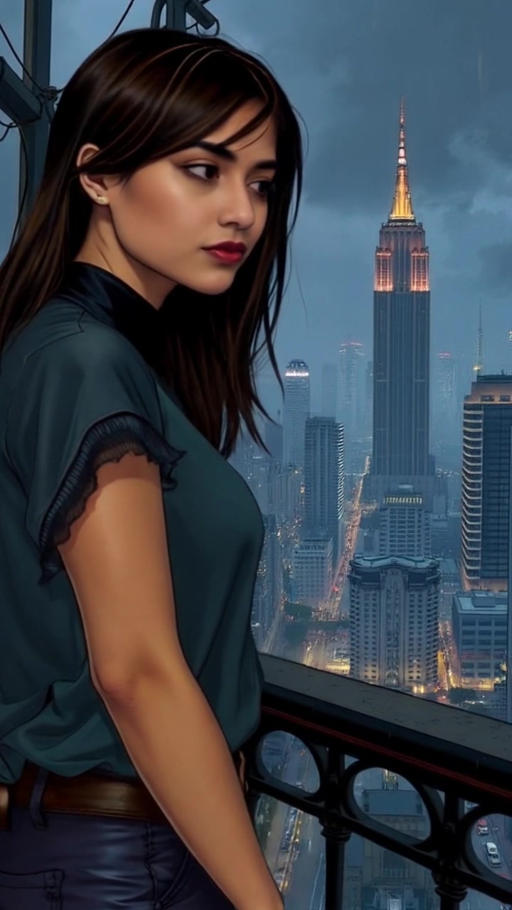 Subject: A woman gazing thoughtfully over a vibrant city skyline from a balcony. Subject movement: She shifts her weight slightly, leaning forward to take in the view. Scene: A balcony overlooking a bustling city with high-rise buildings and distant mountains. Style: Ambient evening light, highlighting the city as it transitions into night. Motion: Camera pushes in from a distant view of the skyline towards the woman, capturing the energy of the city below juxtaposed with her moment of reflection.