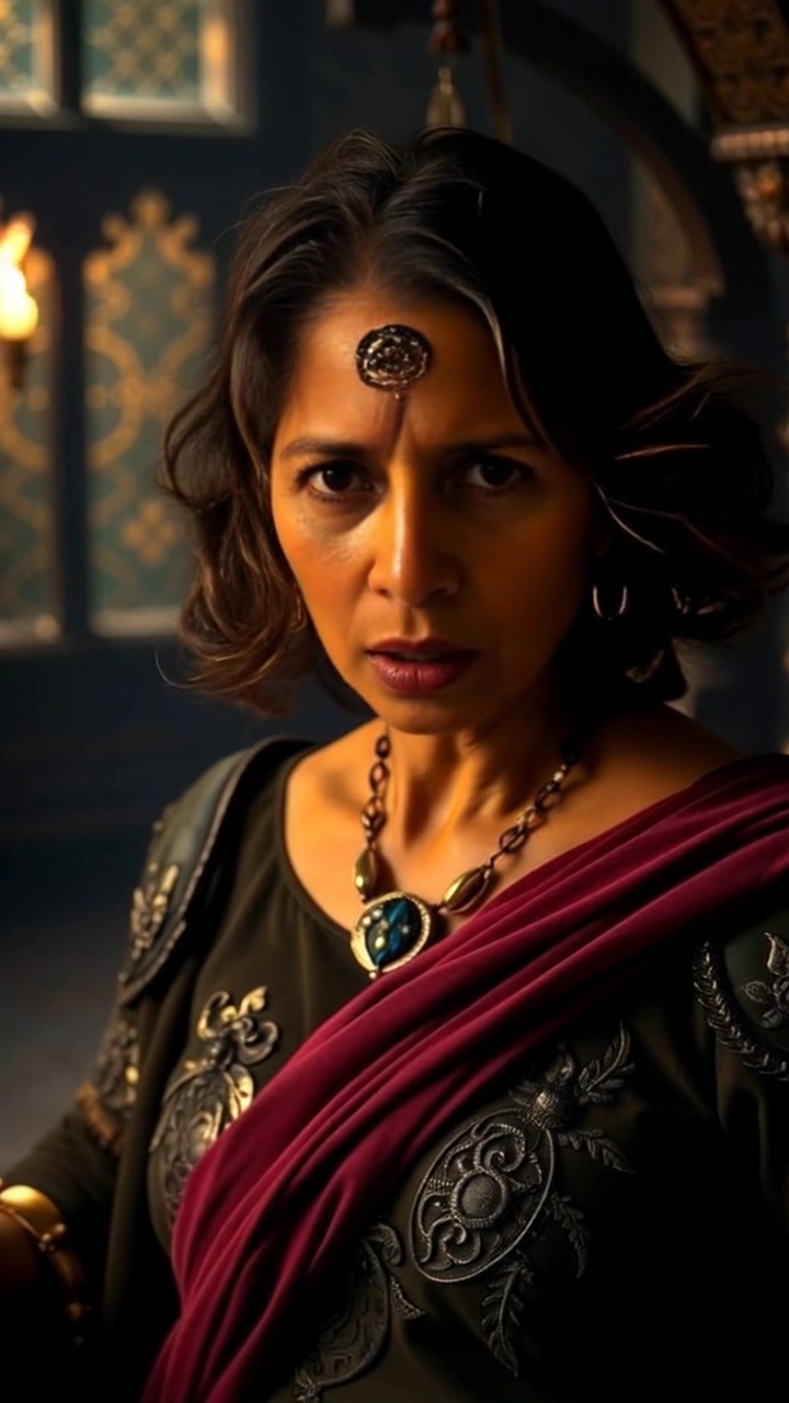 Subject: Asha with an intense, angry expression, standing assertively in a dark, shadowy room. Scene: The shadowy room is dimly lit, with flickering light casting ominous shapes on the walls, evoking a tense atmosphere. Motion: The camera performs a dramatic push-in towards Asha, emphasizing her commanding presence as her expression shifts compellingly in the intriguing shadows.