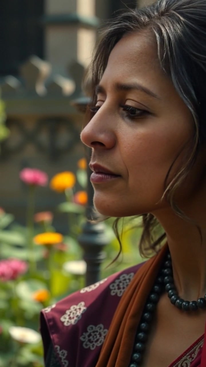 Subject: Asha, a young woman with a thoughtful expression, gazes contemplatively at her blooming garden. Subject movement: Asha slowly shifts her gaze left and right, taking in the vibrant colors of the flowers. Scene: A lush garden filled with a variety of flowers, verdant foliage, and sunlight filtering through the leaves. Style: Soft, warm morning light illuminating the scene, creating a peaceful atmosphere. Motion: Camera gently pushes in to reveal Asha's serene expression in close-up, capturing the essence of her introspection as the surrounding beauty unfolds.