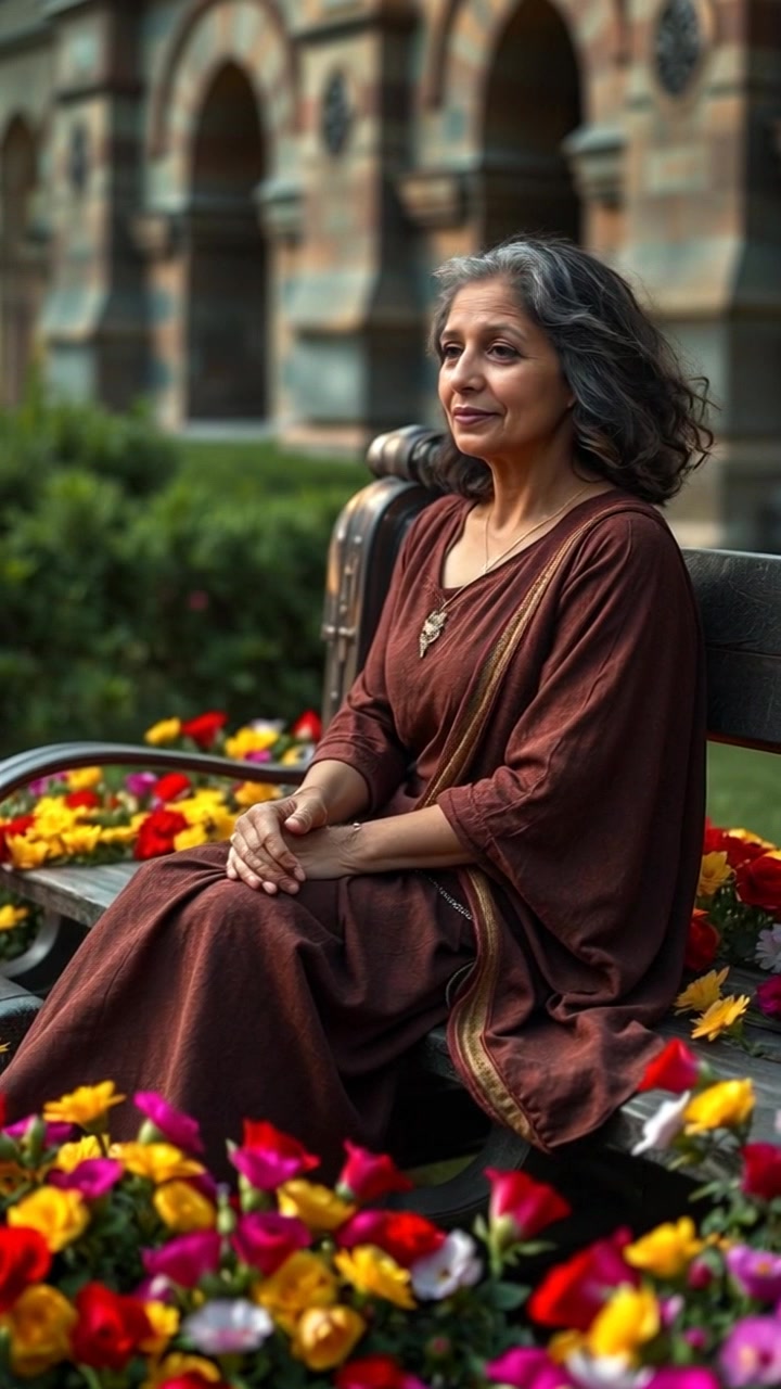 Subject: Asha sitting peacefully on a wooden bench. Scene: A serene garden bursting with blooming flowers, vibrant colors filling the surroundings. Style: Soft morning light casts a warm glow over the scene, enhancing the tranquil atmosphere. Motion: The camera gently pushes in towards Asha, focusing on her calm expression, as the flowers sway lightly in a subtle breeze.