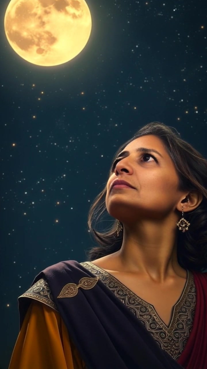Subject: A young woman gazing up at a starlit night sky, her face softly illuminated by the moonlight. Scene: Expansive night sky filled with shimmering stars, framed by the serene silhouette of a quiet landscape. Motion: Begin with a slow push-in towards her face, capturing the wonder in her expression as she gazes upward, while soft ambient moonlight creates a serene atmosphere.