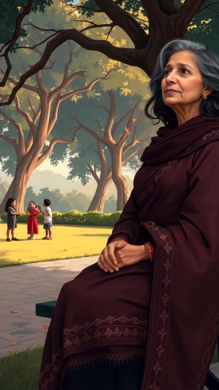 Scene: A peaceful park setting with a serene atmosphere, where trees sway gently in the breeze and children are joyfully playing in the background. Style: Soft, ambient lighting creates a warm and inviting feel throughout the scene. Motion: The camera begins with a slow push-in towards Asha sitting on the bench, as she observes the lively activities around her, capturing the essence of tranquility and joy.