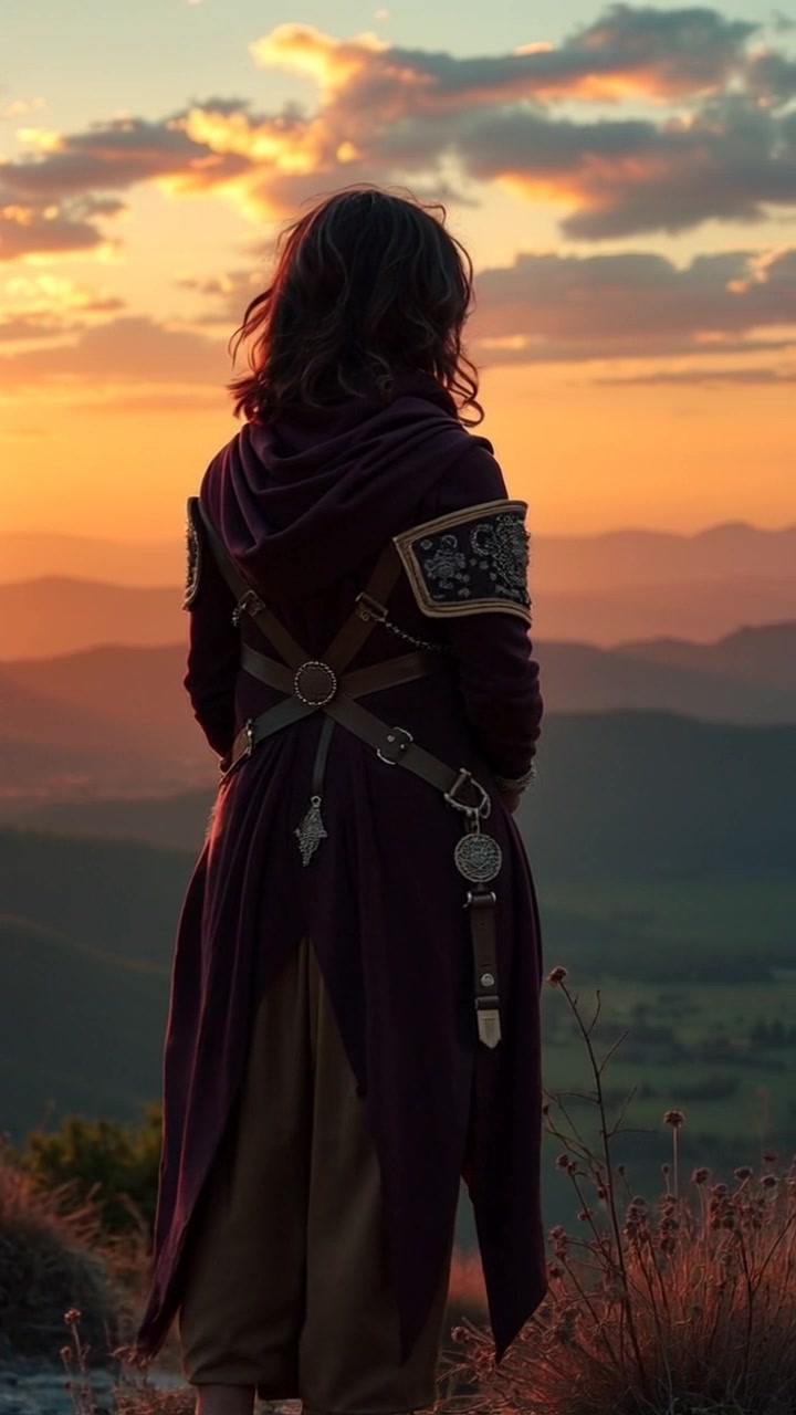 Subject: Asha standing on a hilltop. Subject movement: She gazes contemplatively out over the vast landscape, gently swaying in the evening breeze. Scene: Asha is silhouetted against a stunning sunset, with rolling hills stretching into the distance. Style: Warm, golden-hour lighting bathes the scene, enhancing the rich colors of the landscape and sky. Motion: The camera slowly pans across the horizon, capturing Asha's profile against the dynamic backdrop of the sunset, emphasizing the serene beauty of the moment.