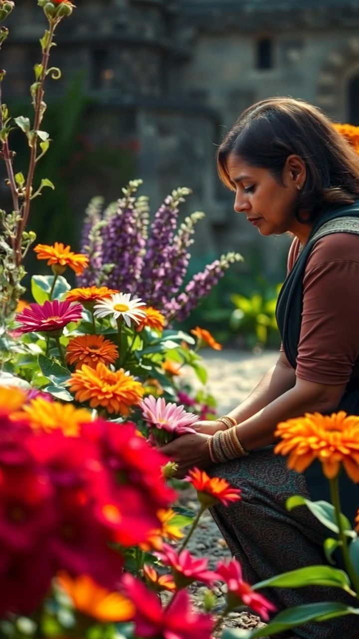 Subject: Asha kneeling in her lush garden, tending to vibrant flowers. Subject movement: She gently turns the flowers with care, interacting with each blossom. Scene: A vibrant garden filled with a variety of colorful flowers, bathed in warm, soft sunlight. Motion: The camera slowly pushes in to capture the intimate details of Asha's hands as she nurtures the flowers, accentuated by the serene ambiance of the garden. Style: Soft, natural lighting creates a warm and inviting atmosphere.