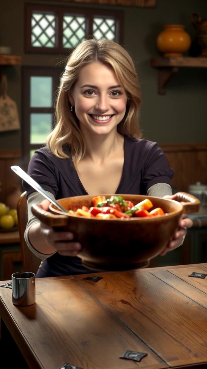 Subject: A woman holding a bowl of spicy food, smiling. Subject movement: She raises the bowl enthusiastically towards the camera. Scene: Cozy kitchen setting, with warm wooden accents and soft lighting. Style: Inviting ambient lighting that enhances the warm colors of the food and the kitchen decor. Motion: The camera slowly pushes in toward her, capturing her expression and the enticing dish, creating a sense of intimacy and warmth.