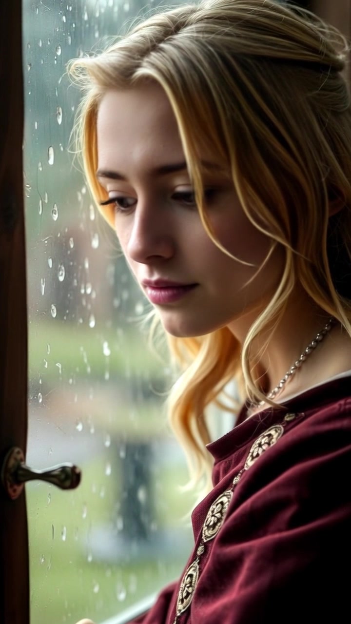 Subject: A young woman gazing thoughtfully out of a rain-streaked window, her expression contemplative. Scene: A cozy indoor setting with soft furniture, shadows dancing subtly against the walls as raindrops cascade down the glass. Style: Dim, moody lighting that enhances the atmosphere of introspection, with the soft patter of rain providing a gentle soundtrack. Motion: Camera slowly pushes in for a close-up on the woman's face, capturing the glistening raindrops in the foreground, while the background remains softly blurred.
