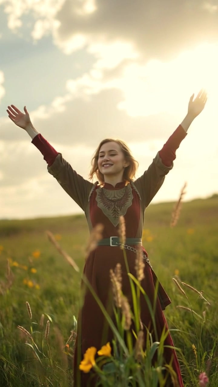 Subject: A person standing in a meadow. Subject movement: She stretches her arms open wide, embracing the fresh air and sunshine. Scene: A vibrant green meadow bathed in warm sunlight, surrounded by wildflowers and gently swaying grass. Lighting: Bright, natural light filters through the trees in the background, creating a lively atmosphere. Motion: The camera begins with a close-up of her content face, then smoothly pulls back to reveal the expansive meadow as the sun casts a golden sheen across the landscape.