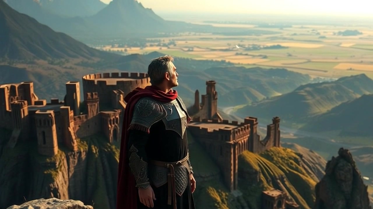 Subject: A determined figure standing on a cliff. Subject movement: The figure gazes intently over the vast landscape below, with a gentle breeze stirring their clothing. Scene: Dramatic cliffside overlooking a sprawling valley filled with mountains and lush greenery. Style: Golden-hour lighting bathes the landscape in warm hues, casting long shadows and enhancing the natural beauty. Motion: Camera slowly pushes in from a wide shot of the cliff, capturing the expanse of the landscape, before gently tilting upwards to emphasize the vast sky.