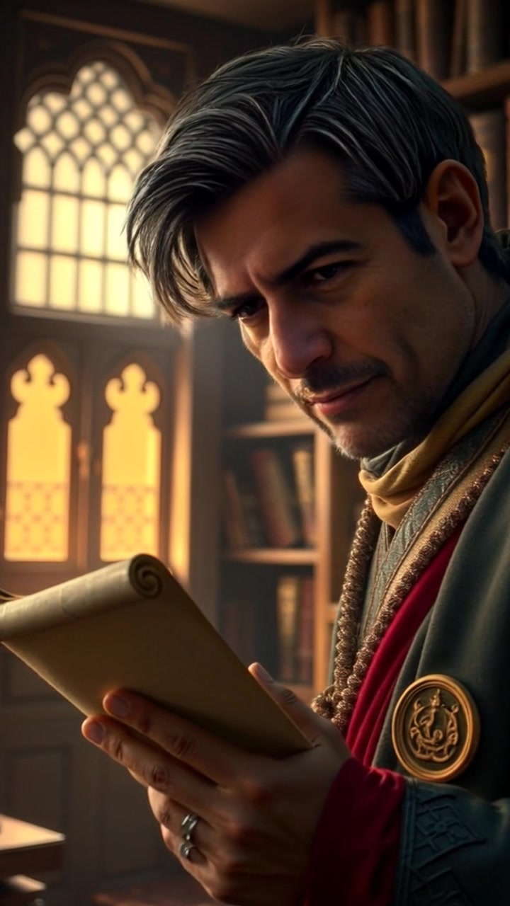 Subject: Omar, deeply focused while reading a scroll. Subject movement: Omar gently shifts his gaze from the scroll to the surrounding books. Scene: A modest, dimly lit study filled with books and antique furniture, creating a scholarly atmosphere. Style: Soft, warm lighting accentuating the textures of the wooden furniture and the aged scroll. Motion: A slow, intimate push-in shot towards Omar as he reads, with the camera subtly tilting to emphasize the scroll's intricate details.