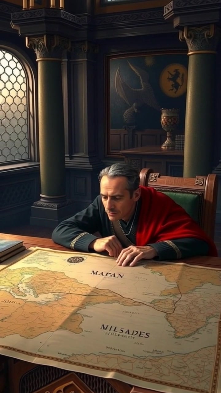 Subject: A man sitting at a grand wooden table surrounded by scattered maps, expressing concern. Scene: An elegant study room adorned with rich wooden furnishings, dimly lit by flickering candlelight casting soft shadows across the table. Motion: The camera pushes in slowly towards the man's face to capture his worried expression, while subtly tilting to reveal the intricate details of the maps sprawled before him, enhancing the atmosphere of tension and focus.