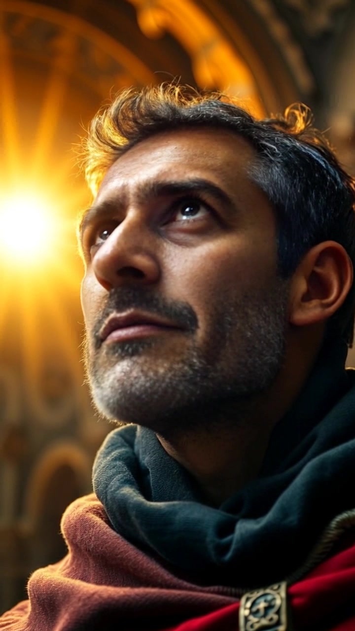 Subject: A person with a concerned expression gazing upwards. Scene: A close-up of the person's face, illuminated by radiant light that creates a dramatic halo effect in the background. Style: Soft, warm lighting enhances the emotional tone, inviting viewers to connect with the character's feelings. Motion: The camera gently pushes in closer, capturing the subtle shift of the person's eyes as they scan the surroundings, adding a sense of urgency to the moment.
