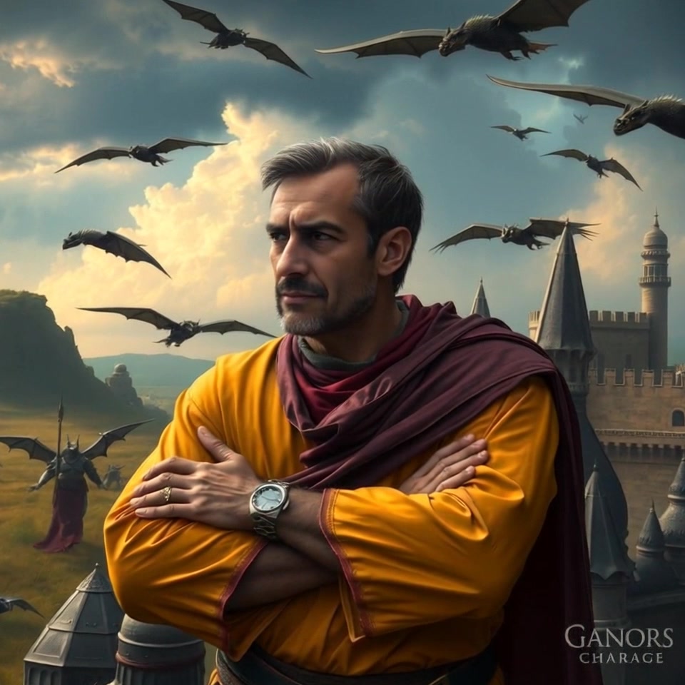 Subject: A figure standing confidently with arms crossed. Subject movement: The figure remains still, gazing fiercely over a dramatic battlefield as storm clouds gather ominously overhead. Scene: A vast battlefield beneath a tumultuous sky, filled with distant sounds of conflict and dark, swirling storm clouds conveying tension. Style: Dim, moody lighting, with flashes of lightning illuminating the scene intermittently. Motion: Camera slowly zooms in on the figure, emphasizing their stoic demeanor against the chaotic backdrop, creating a dramatic focus on their unwavering stance.