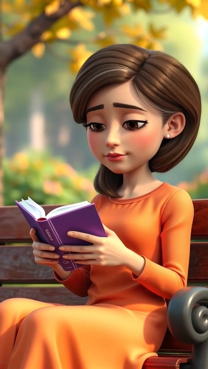 Subject: A woman sitting on a park bench, holding a book. Subject movement: She shifts her gaze thoughtfully to the side, then back at the page. Scene: A serene park setting with lush greenery and dappled sunlight filtering through the trees. Style: Soft, afternoon light giving a gentle, warm glow to the scene. Motion: Camera performs a slow push-in towards the woman, capturing her contemplative expression as the surrounding nature subtly shifts in the breeze.