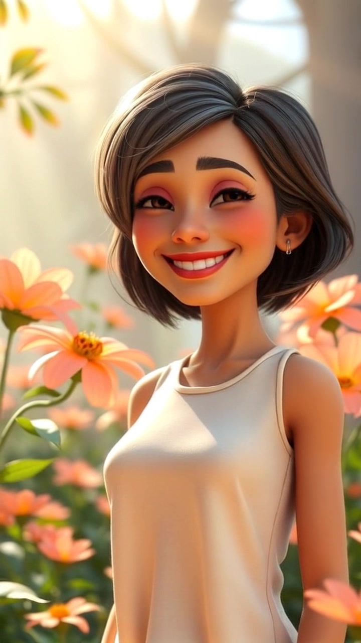 Subject: A confident woman smiling. Subject movement: She stands still, radiating positivity as she enjoys the beauty around her. Scene: A vibrant park filled with blooming flowers under bright sunlight. Style: Morning light accentuates the colors of the flowers and foliage, creating an inviting atmosphere. Motion: The camera performs a slow dolly in on the woman, capturing her joyful expression against the colorful backdrop.