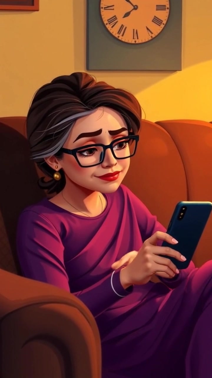 Subject: Asha, deeply engaged with her smartphone. Subject movement: She shifts slightly, frowning at her screen as she sits on the couch. Scene: A cozy living room with soft lighting, elegant decor, and a warm atmosphere. Motion: The camera implements a subtle push-in towards Asha, capturing her expressions closely, while the background blurs slightly, emphasizing her concentration.