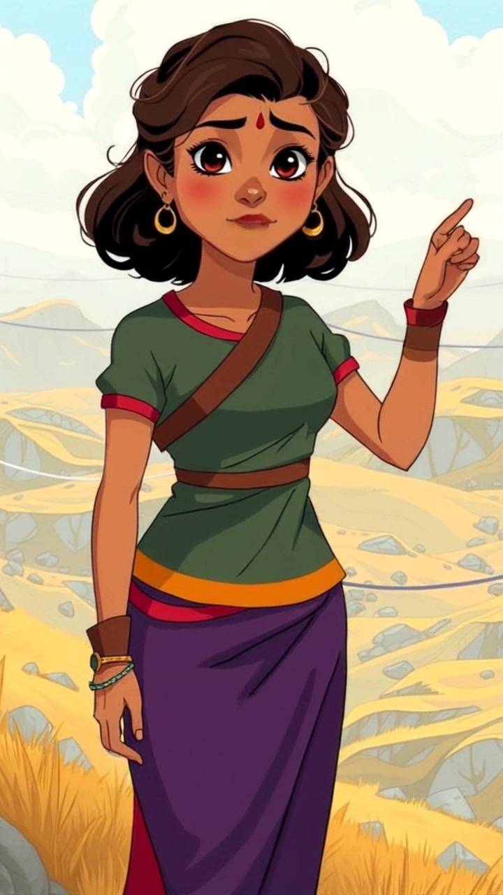 Subject: Asha standing confidently on a hilltop, overlooking a vast valley. Subject movement: Asha gestures emphatically as the wind tousles her hair, embodying a sense of determination. Scene: The expansive valley stretches out below, framed by distant mountains and a clear blue sky. Style: Bright, morning light illuminating the landscape with vibrant hues of green and gold. Motion: Camera begins with a close-up on Asha's determined expression, then slowly pulls back to reveal the magnificent vista, capturing the sense of scale and her bold stance.