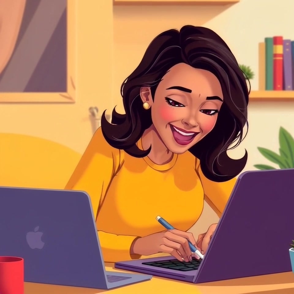 Subject: Asha smiling with enthusiasm. Subject movement: Asha leans forward excitedly as she types on her laptop, scrolling through job opportunities. Scene: A cozy home office filled with warm lighting, plants, and inspirational wall art. Style: Soft, ambient lighting creating a welcoming atmosphere. Motion: The camera slowly zooms in on Asha's joyful expression as the room remains softly blurred in the background, creating an inviting and intimate focus on her moment of excitement.