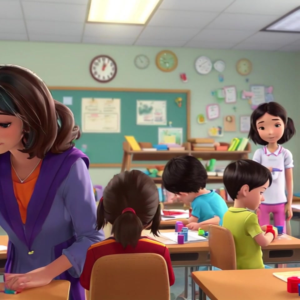 Scene: A well-organized classroom filled with children independently engaged in various activities, including reading, drawing, and building blocks. Style: Bright, inviting ambient lighting showcasing a warm and cheerful atmosphere. Motion: Camera pans smoothly across the classroom, capturing the children's focused expressions and interactions with their surroundings, creating a sense of liveliness and creativity.