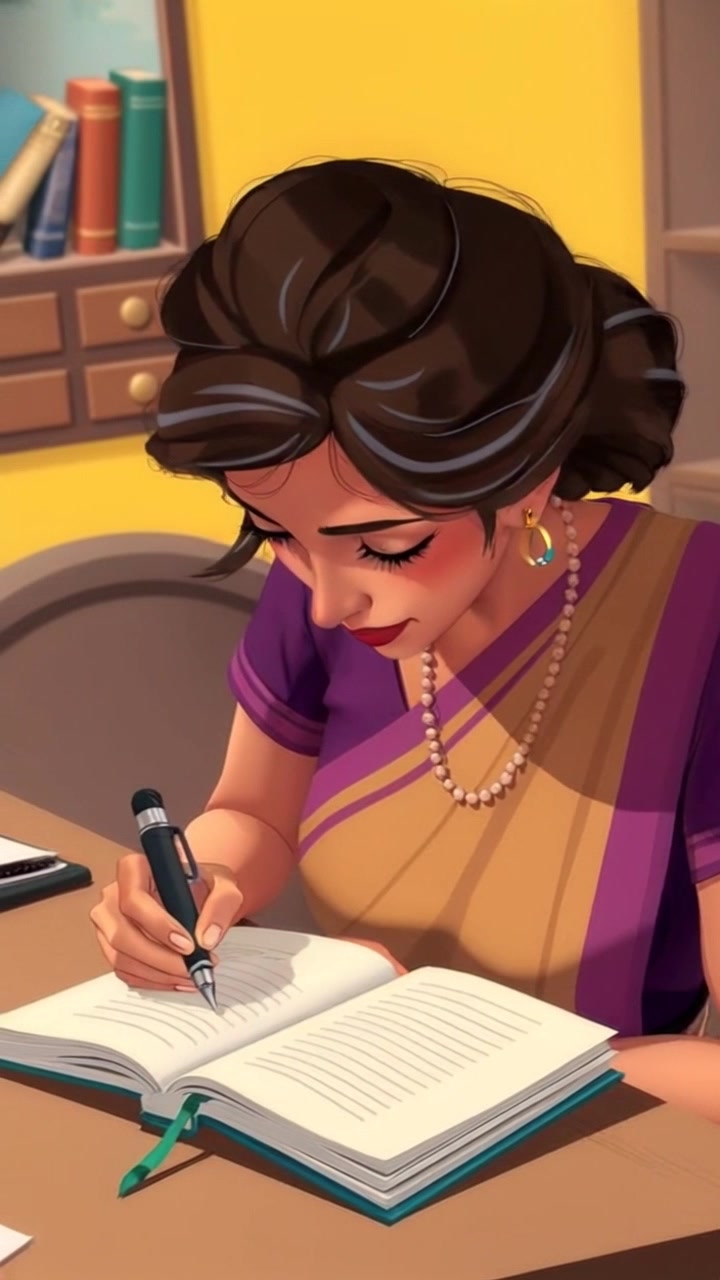 Subject: A focused individual engaged in writing. Subject movement: The individual occasionally scribbles notes in the open notebook, leaning forward with concentration. Scene: A cozy workspace featuring a wooden desk, scattered papers, and a warm lamp casting gentle light. Style: Soft ambient lighting creates an inviting atmosphere, illuminating the desk area while shadows dance softly in the corners. Motion: The camera performs a slow push-in towards the individual's concentration on the notebook, capturing the details of the pen gliding across the page.