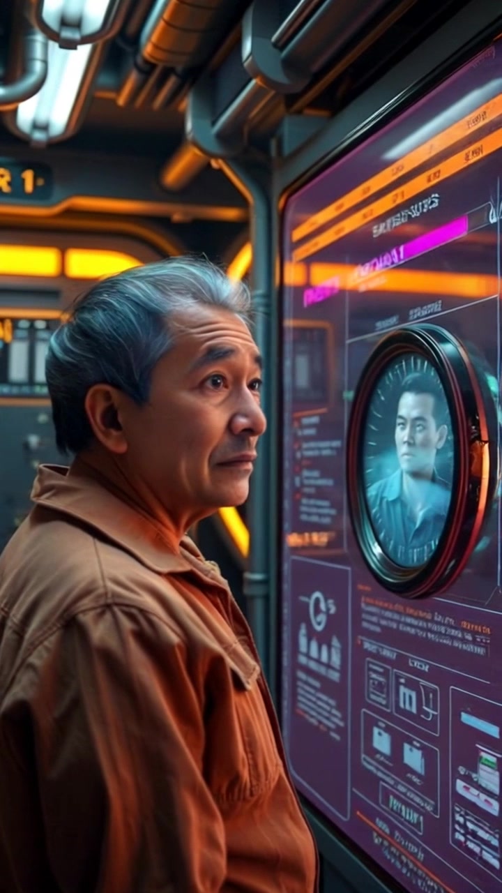 Scene: A high-tech laboratory filled with advanced equipment, glowing screens illuminating the space with bluish light. Style: Ambient lighting with a futuristic glow, creating an atmosphere of innovation and discovery. Motion: The camera pushes in smoothly towards the holographic display that Hiro is examining, capturing the intricate details while subtly shifting perspective to showcase the surrounding high-tech environment.