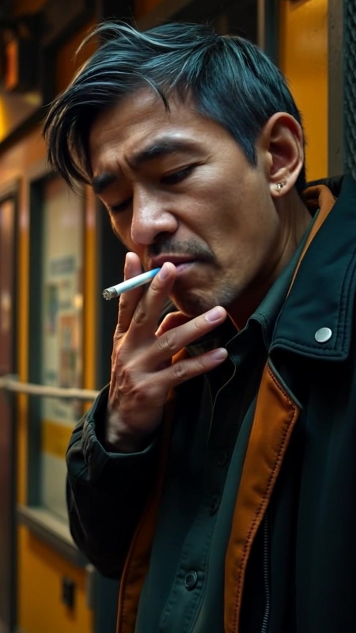Subject: An exhausted individual leaning against a dimly lit wall, holding a cigarette in hand. Subject movement: The figure takes a slow drag from the cigarette, exhaling a soft plume of smoke that dissipates into the air. Scene: Urban alleyway setting, with graffiti and shadows enhancing the atmosphere of solitude. Style: Moody lighting with soft contrasts, creating an intimate yet somber mood. Motion: The camera pushes in slowly from a medium shot, revealing the weary expression and the delicate movement of the smoke, emphasizing the stillness of the moment.