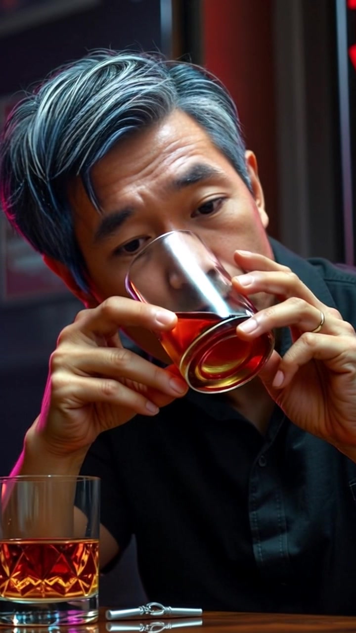 Subject: A person taking a long sip from a whiskey glass, lost in deep contemplation. Subject movement: They slowly lower the glass with a thoughtful expression, reflecting on distant memories. Scene: A dimly-lit bar with wooden accents, soft jazz playing in the background, and patrons quietly enjoying their drinks. Style: Warm, atmospheric lighting casting gentle shadows, enhancing the mood of reflection and solitude. Motion: The camera pushes in slowly on the subject's face to capture the nuances of their expression, before panning out to reveal the bar's inviting ambiance.