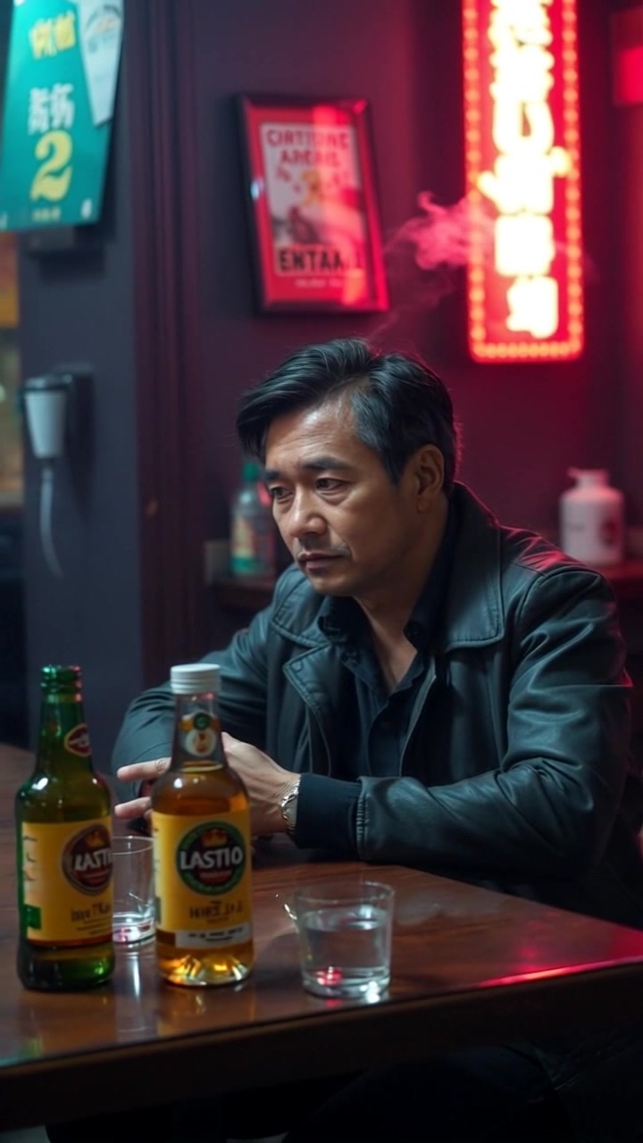 Scene: A dimly lit bar where an individual sits alone at a table, appearing weary with swirling smoke around him. Style: Moody lighting casts soft shadows, enhancing the melancholic atmosphere. Motion: The camera pushes in slowly, capturing the man's tired expression, then gently pulls back to reveal the surrounding bar, amplifying the sense of solitude.