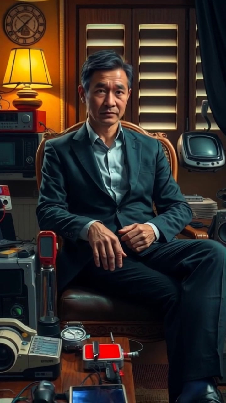 Scene: Detective Hiro Ishikawa is seated at a cluttered desk in a dimly lit apartment, surrounded by various high-tech gadgets and crime investigation tools. Style: Moody, low-key lighting that casts shadows around the clutter, creating a tense atmosphere. Motion: The camera slowly zooms in on the detective's focused expression, then glides across the table to reveal the assortment of gadgets, emphasizing the intricate details among the disarray.