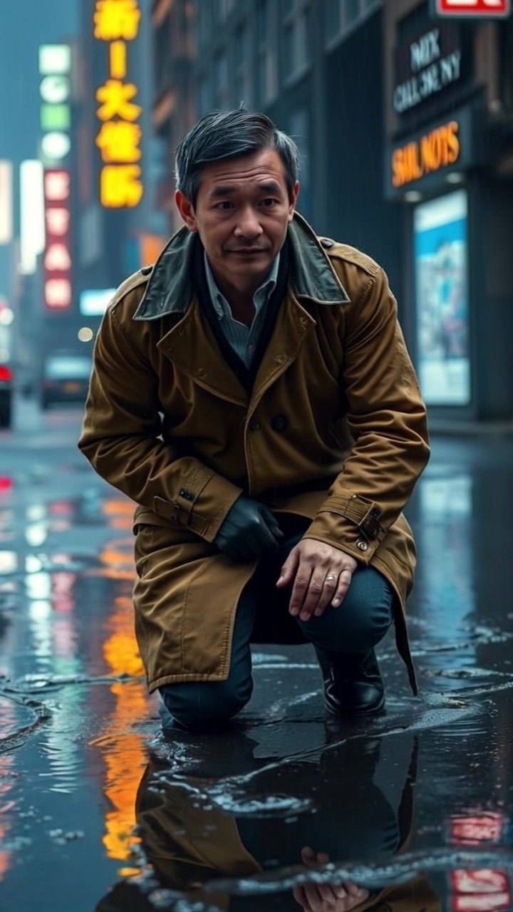 Subject: A figure kneeling in the rain, his trench coat drenched and heavy. Subject movement: He shifts slightly, creating ripples in the puddles around him. Scene: A desolate urban street, rain pouring down steadily, with dimly lit buildings in the background creating a moody atmosphere. Style: Soft, diffused lighting from the overcast sky, with the environment reflected in the water. Motion: Camera slowly zooms in on the figure, capturing the intensity of the rain as droplets cascade down, emphasizing the somber mood of the scene.