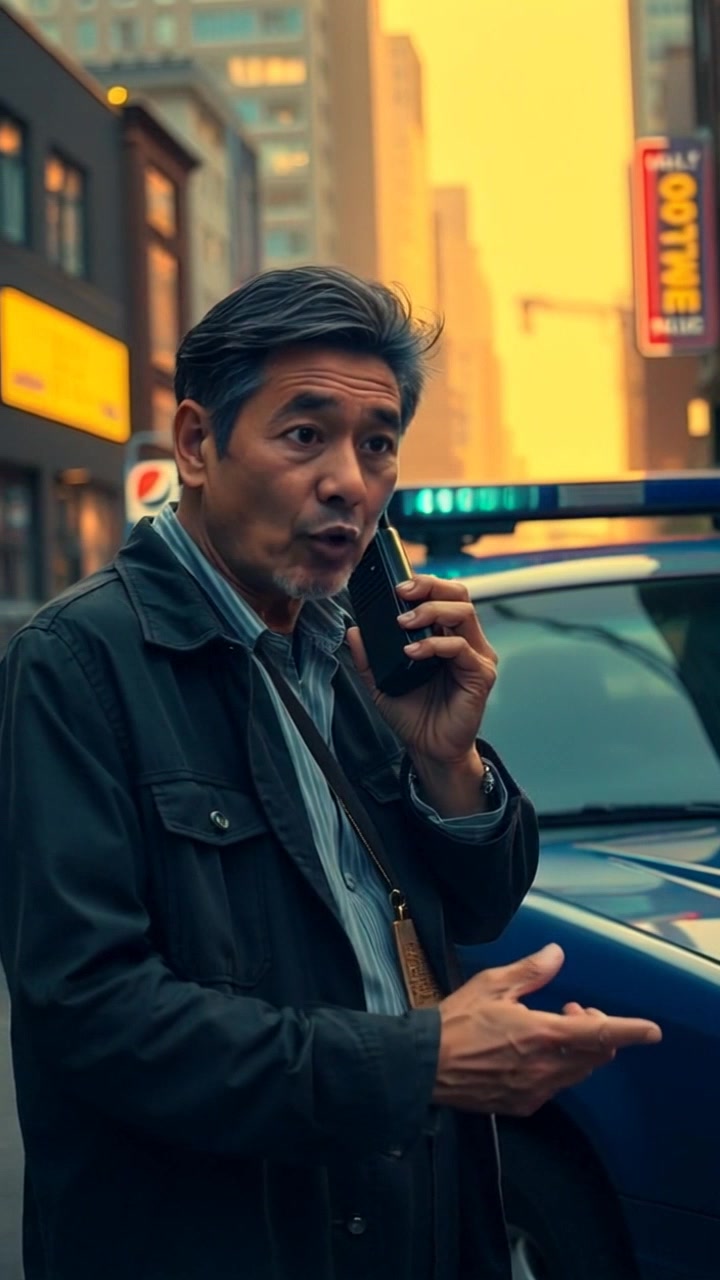 Subject: Hiro standing next to a police car, looking serious while speaking into a radio. Subject movement: Hiro moves his hands animatedly as he communicates, emphasizing the gravity of the situation. Scene: A gritty urban street at dusk, with flashing police lights illuminating the surroundings. Style: Ambient lighting mixing harsh neon from the police car with the fading light of the sunset, creating a moody atmosphere. Motion: The camera slowly pans around Hiro, capturing his expression while following the movement of his hands and emphasizing the urgency of the moment.