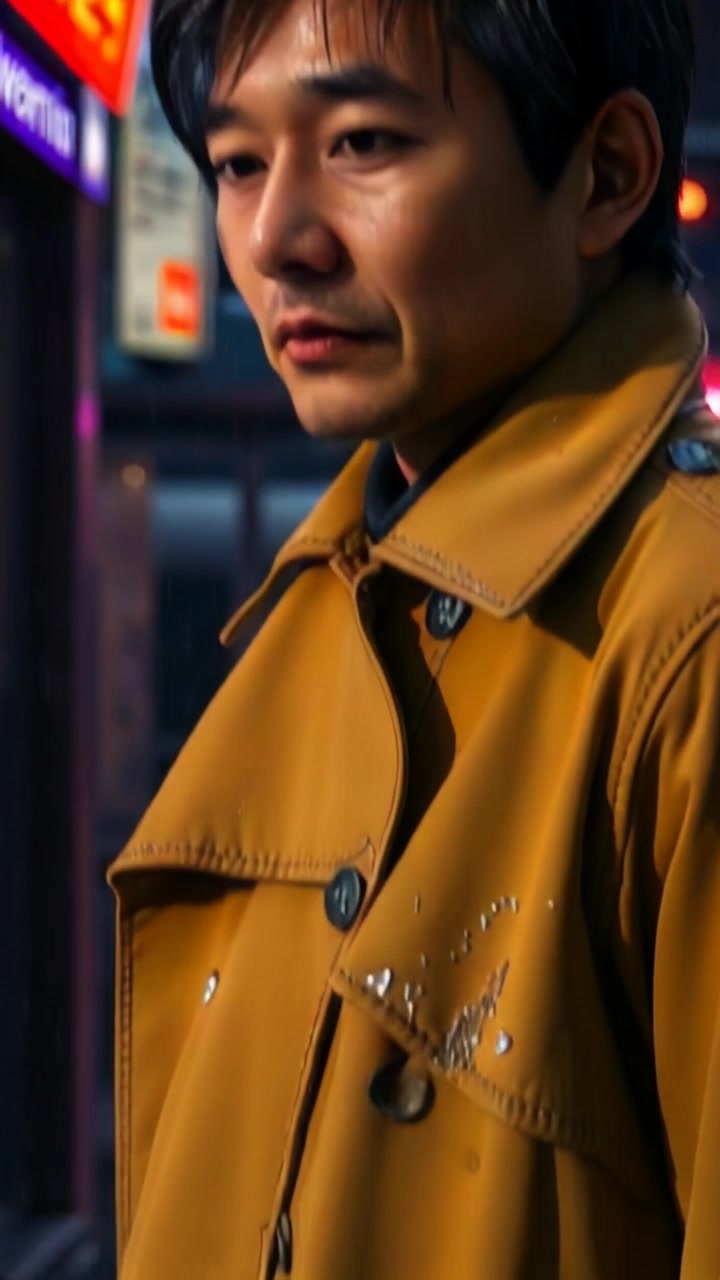 Subject: A mysterious figure in a drenched trench coat. Subject movement: The figure walks steadily, rainwater cascading from the fabric. Scene: A moody urban street at night, glistening with puddles reflecting streetlights. Style: Soft, ambient lighting from above, with patches of light revealing the wet pavement. Motion: The camera follows closely behind, capturing the rhythmic footsteps and the droplets falling in slow motion.