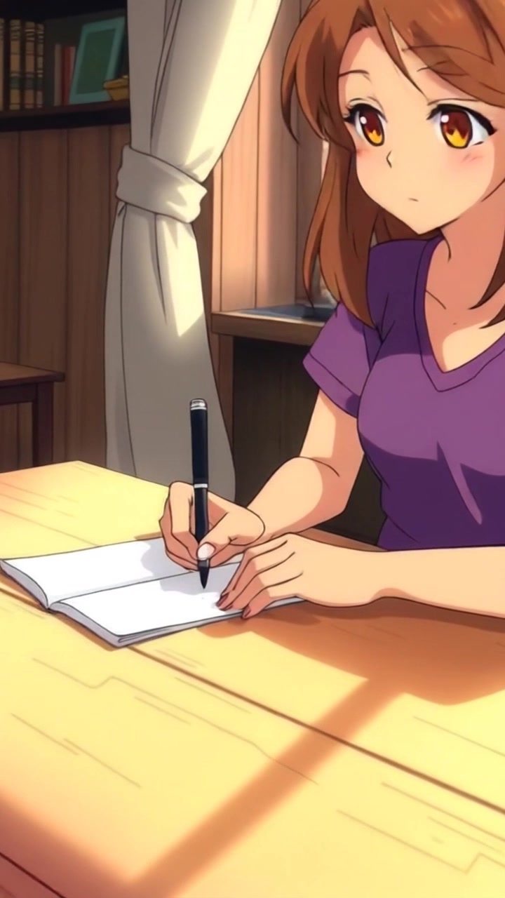 Subject: A person sitting at a wooden table, writing in a notebook. Subject movement: The person moves their hand fluidly as they write, occasionally glancing out of the sunlight streaming through the window. Scene: Cozy indoor setting with warm sunlight illuminating the wooden table, casting soft shadows. Style: Ambient lighting that creates a welcoming atmosphere, highlighting the texture of the notebook and the table. Motion: The camera performs a slow push-in from a wider shot to a close-up on the notebook, capturing the details of the writing process.