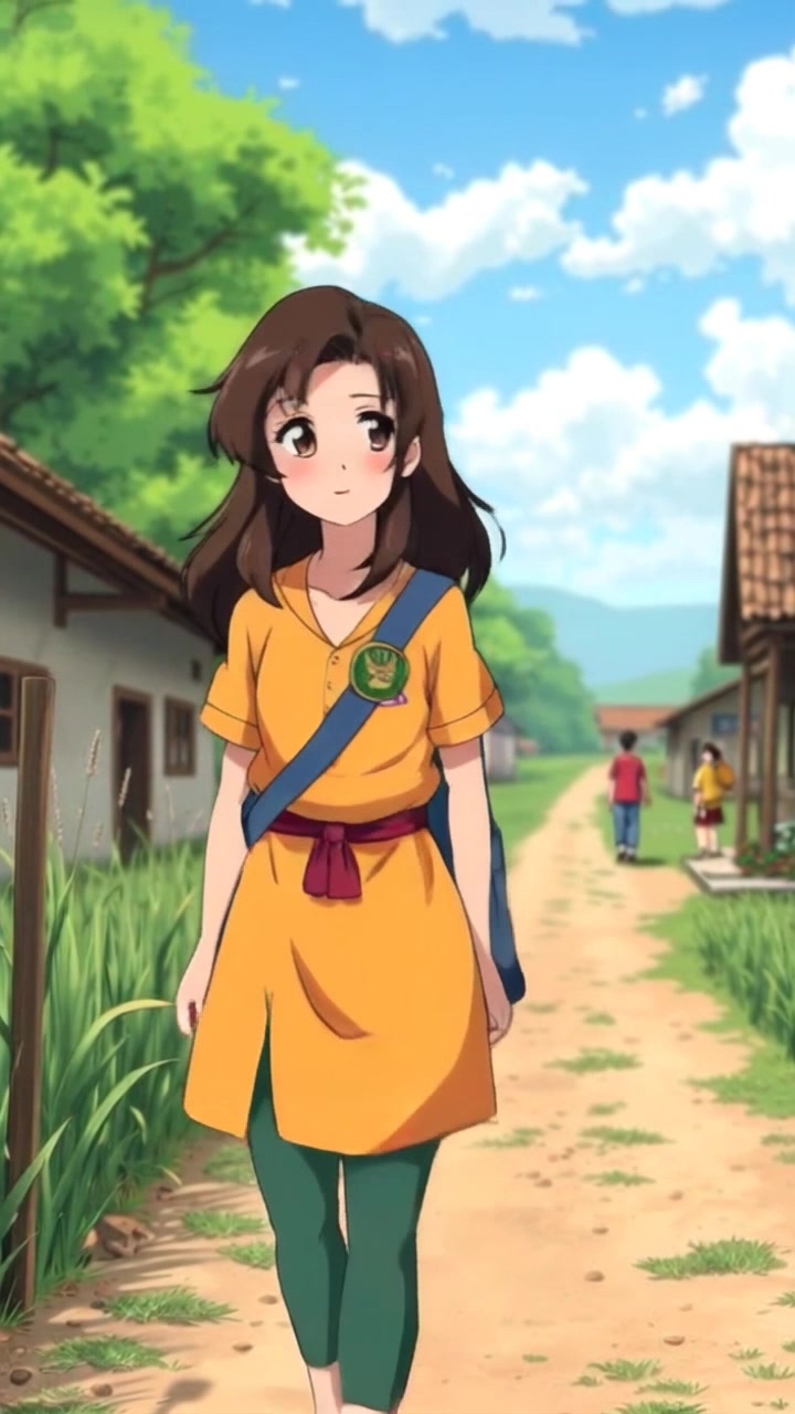 Subject: A young woman named Priya walking along a dirt path. Subject movement: She strolls peacefully, glancing around with a serene smile. Scene: A tranquil village setting surrounded by lush green fields, with a clear blue sky above. Style: Bright, natural daylight illuminating the landscape, creating a warm and inviting atmosphere. Motion: The camera begins with a close-up of Priya's feet on the dirt path, then smoothly pans up to capture her full figure against the picturesque backdrop as she walks.