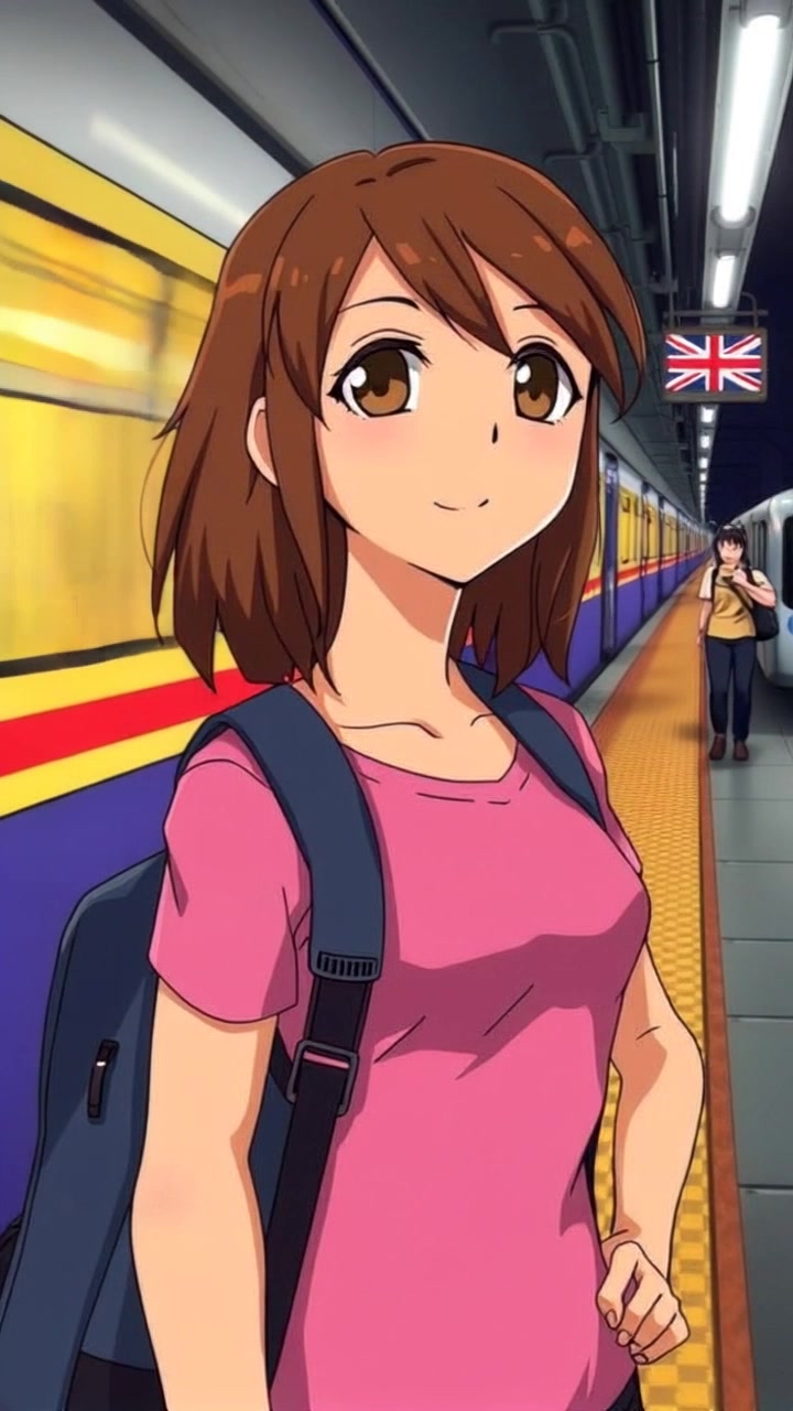 Subject: A young woman standing on a train platform, holding a backpack. Subject movement: She takes a few steps forward as the train approaches rapidly in the background, her hair fluttering with the wind created by the train's motion. Scene: Bustling train platform with blurred figures of passengers waiting, vibrant signage, and an approaching train creating a sense of urgency. Style: Bright midday lighting illuminating the scene with crisp shadows. Motion: The camera begins with a close-up on the woman's face, then pulls back smoothly to capture her movement as she steps forward, incorporating a dynamic wide shot to include the arriving train.