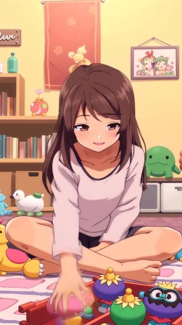 Subject: A young child sitting cross-legged on the floor. Subject movement: The child animatedly interacts with colorful toys, occasionally reaching out to pick up or push around the various items. Scene: A cozy room filled with vibrant toys scattered around, illuminated by soft, warm lighting. Motion: The camera gently moves in an inviting manner, slowly circling the scene to capture the child's joyful expressions and the playful chaos of toys. Lighting: Warm ambient light creates a comforting atmosphere, enhancing the cheerful tone of the setting.