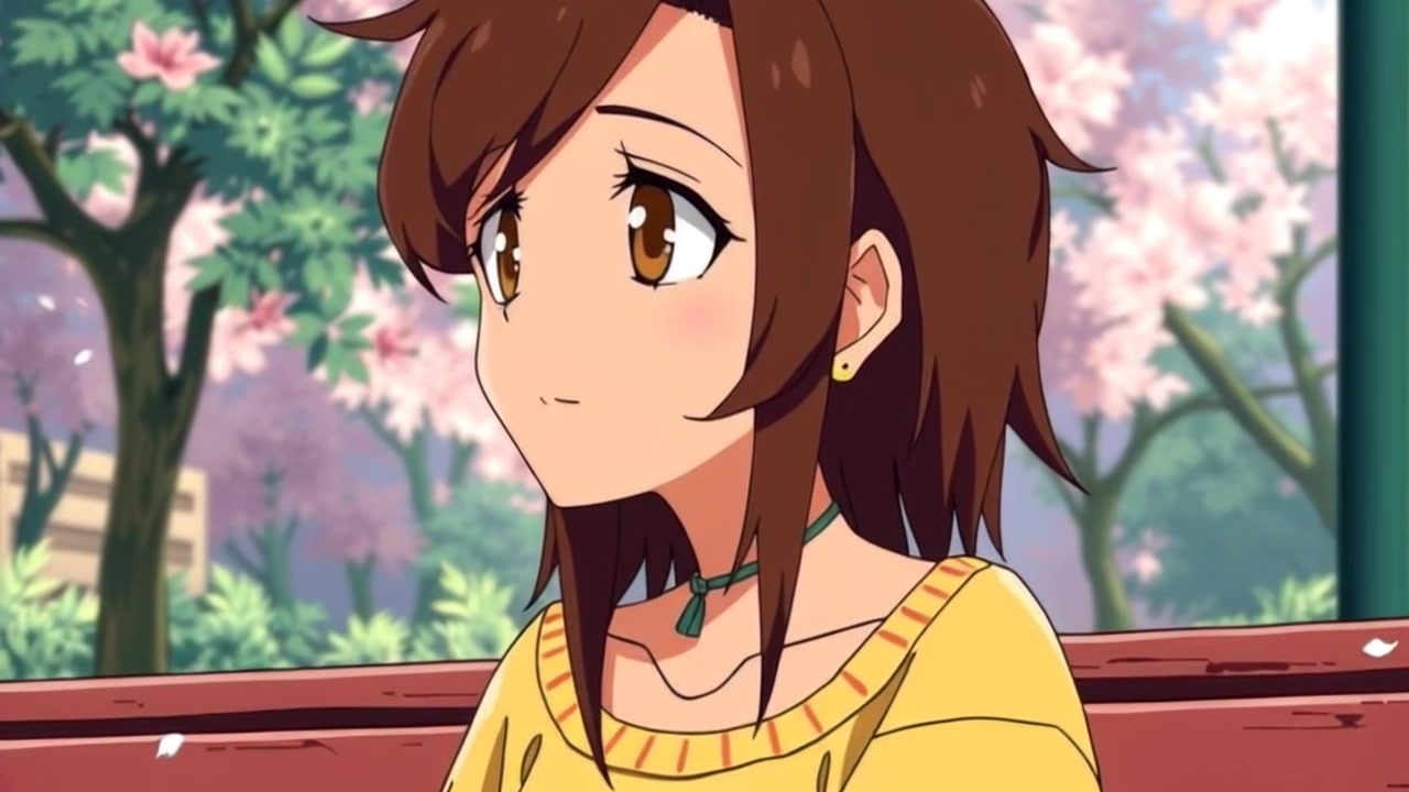Subject: A young woman sitting on a park bench, looking contemplative with a soft expression. Scene: A serene park setting surrounded by lush greenery and distant, softly blurred pathways. Motion: The camera slowly pushes in for an intimate close-up while capturing the gentle sway of leaves in the breeze, with ambient morning light filtering through the trees, creating a warm, inviting atmosphere.