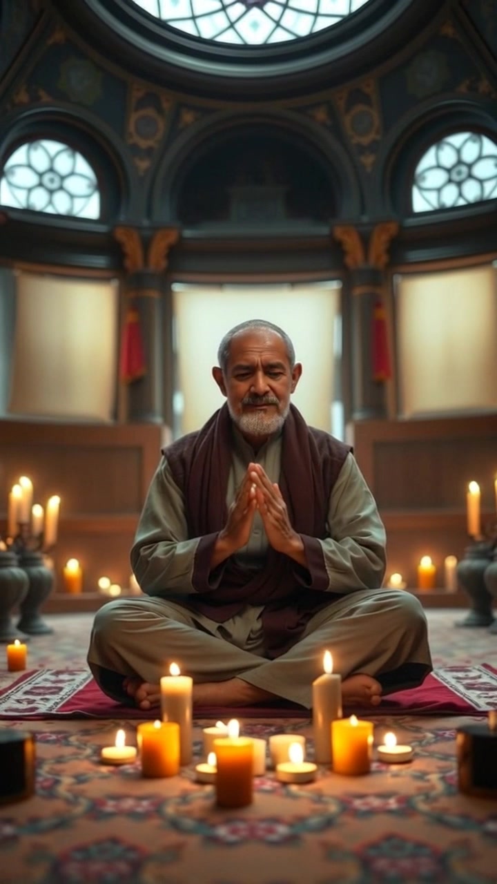 Subject: A person sits cross-legged on a mat in a tranquil room, surrounded by flickering candles. Subject movement: As they chant softly, their hands move gracefully in rhythmic gestures, creating an aura of serenity. Scene: Tranquil room illuminated by the warm glow of flickering candles, with soft shadows dancing on the walls. Style: Ambient lighting that enhances the calm atmosphere, evoking a peaceful and meditative mood. Motion: The camera performs a gentle dolly in, focusing on the person's hands and face, then pulling back to reveal the serene setup of the room.