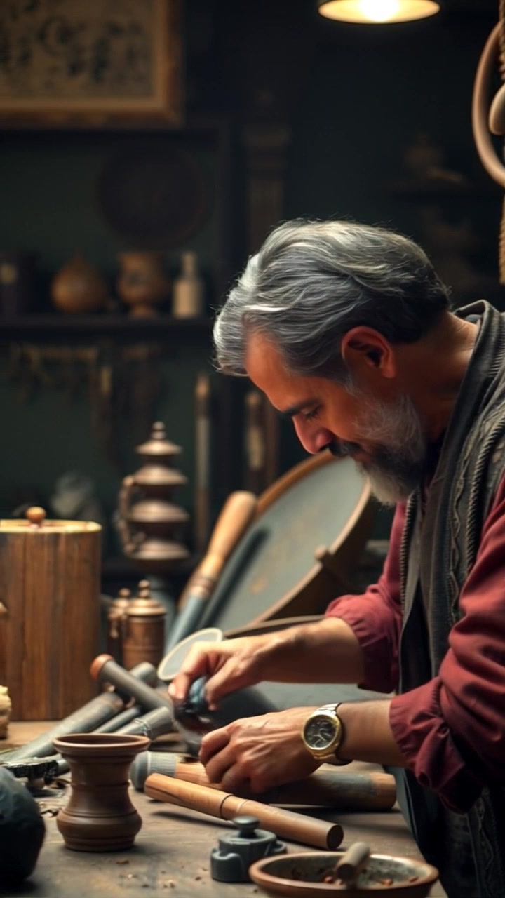 Subject: A skilled artisan working intently in his workshop, manipulating tools and materials with precision. Subject movement: The artisan moves purposefully from one station to another, meticulously crafting his project. Scene: A cluttered workshop filled with woodworking tools, materials scattered around, illuminated by natural light streaming through the windows. Style: Warm, inviting ambiance with soft shadows and highlights enhancing the textures of the wood. Motion: The camera gently pans across the workshop as the artisan engages in his craft, capturing the passion and dedication in his movements.