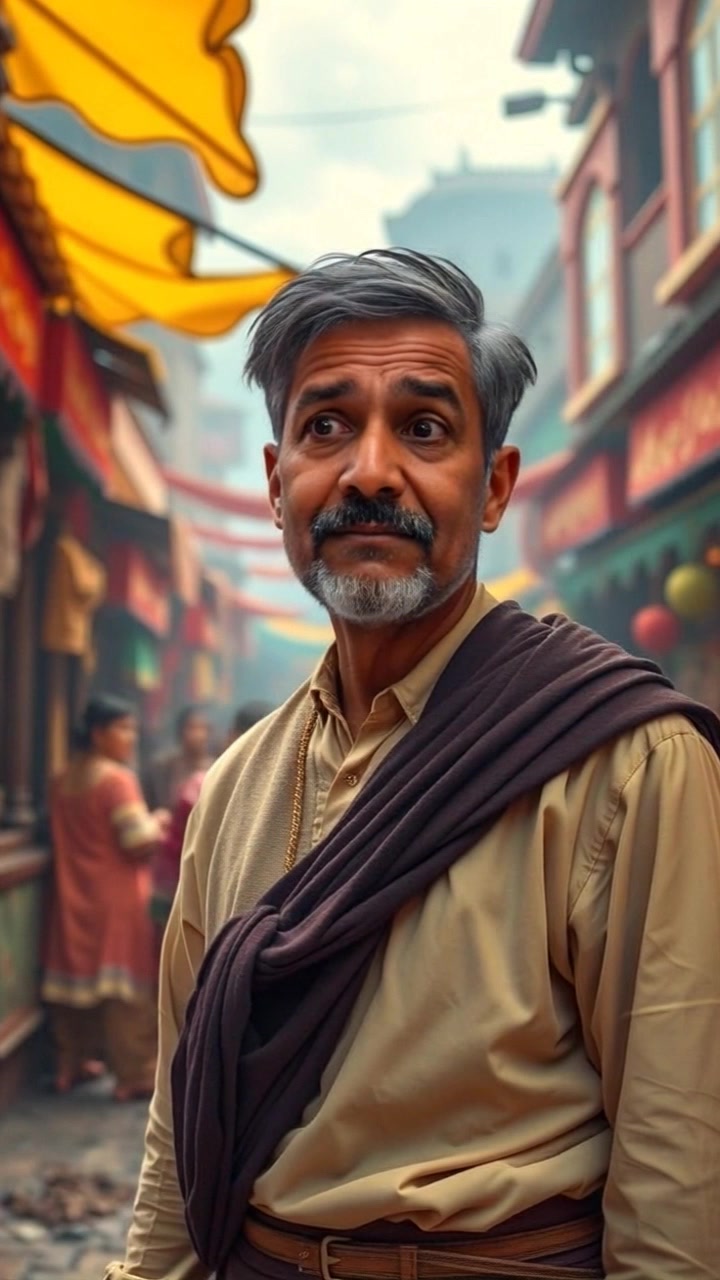 Subject: A person with a surprised expression. Scene: A bustling marketplace filled with vibrant, colorful stalls and crowds moving in all directions. Style: Bright, midday lighting illuminating the market's array of colors. Motion: The camera slowly pans around, capturing the lively atmosphere as vendors interact and shoppers explore, emphasizing the energy of the scene while the subject stands still amid the chaos.
