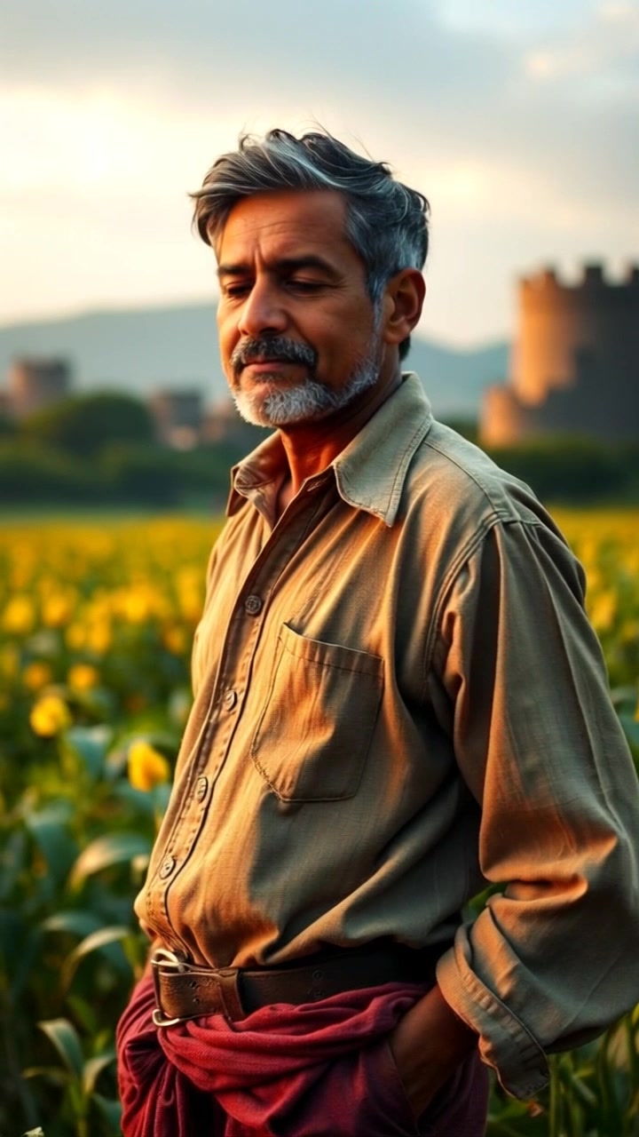 Subject: A determined farmer standing proudly in his modest field of crops. Subject movement: The farmer raises his hands towards the sky in a gesture of hope and determination. Scene: A lush, small agricultural field under a clear blue sky, with green crops swaying gently in the breeze. Style: Bright, natural daylight illuminating the vibrant green of the plants and the earth. Motion: Camera slowly pans around the farmer to capture the stillness of the moment, with a slight upward tilt as he gazes into the horizon.