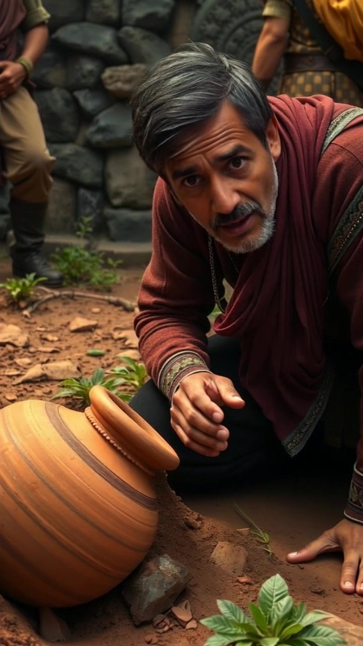 Subject: A man kneeling beside an ancient clay pot partially buried in the earth. Subject movement: Expressing surprise, he shifts slightly forward, reaching out with one hand to touch the pot. Scene: A verdant archaeological site with patches of sunlight filtering through the trees, highlighting the rich brown soil. Style: Warm, inviting light illuminating the scene with a sense of discovery and wonder. Motion: The camera employs a slow push-in to emphasize the man's reaction, creating a dynamic connection between him and the artifact.