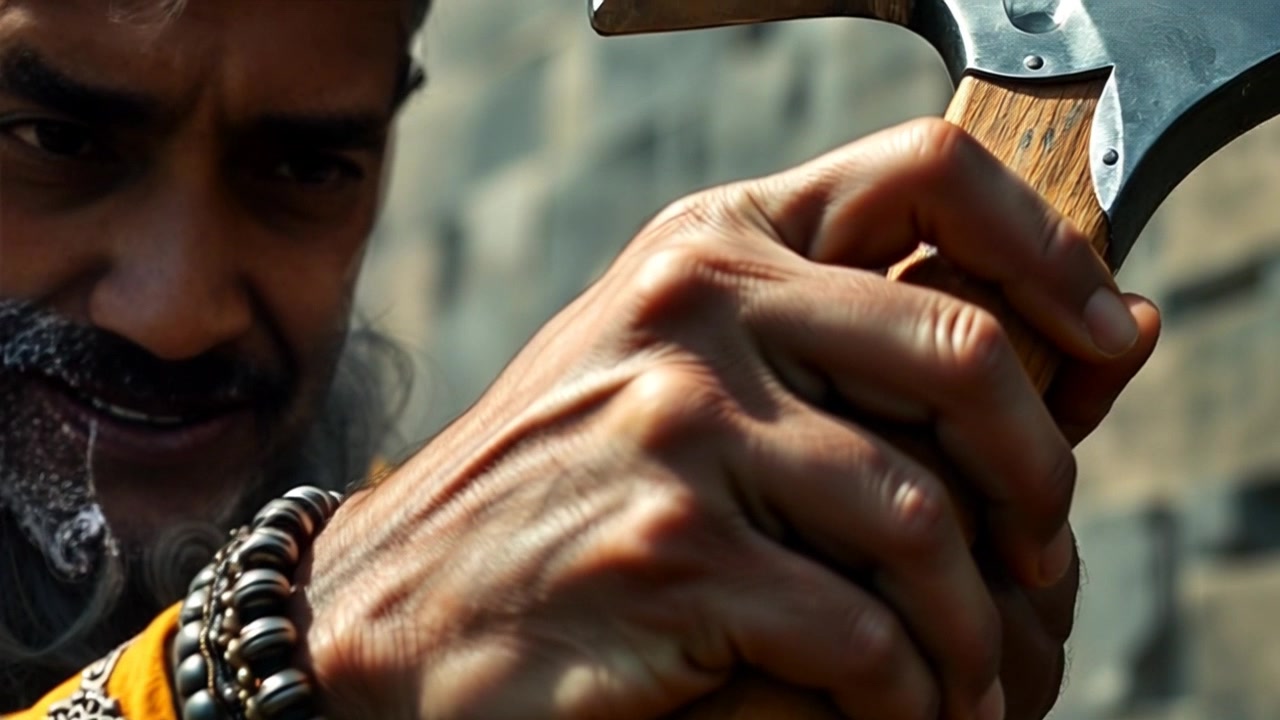 Subject: A person's hand gripping a shiny axe with visible tension. Subject movement: The hand shakes slightly as it struggles to maintain a firm hold on the axe. Scene: Close-up of the hand and axe, showcasing the intricate details of the axe's metal and wood grain. Style: Soft, diffused lighting creating an intimate atmosphere that highlights the sweat on the hand. Motion: A dramatic push-in shot that emphasizes the strain of the grip, slowly revealing the determination in the person's expression as the camera hovers just above the hand.