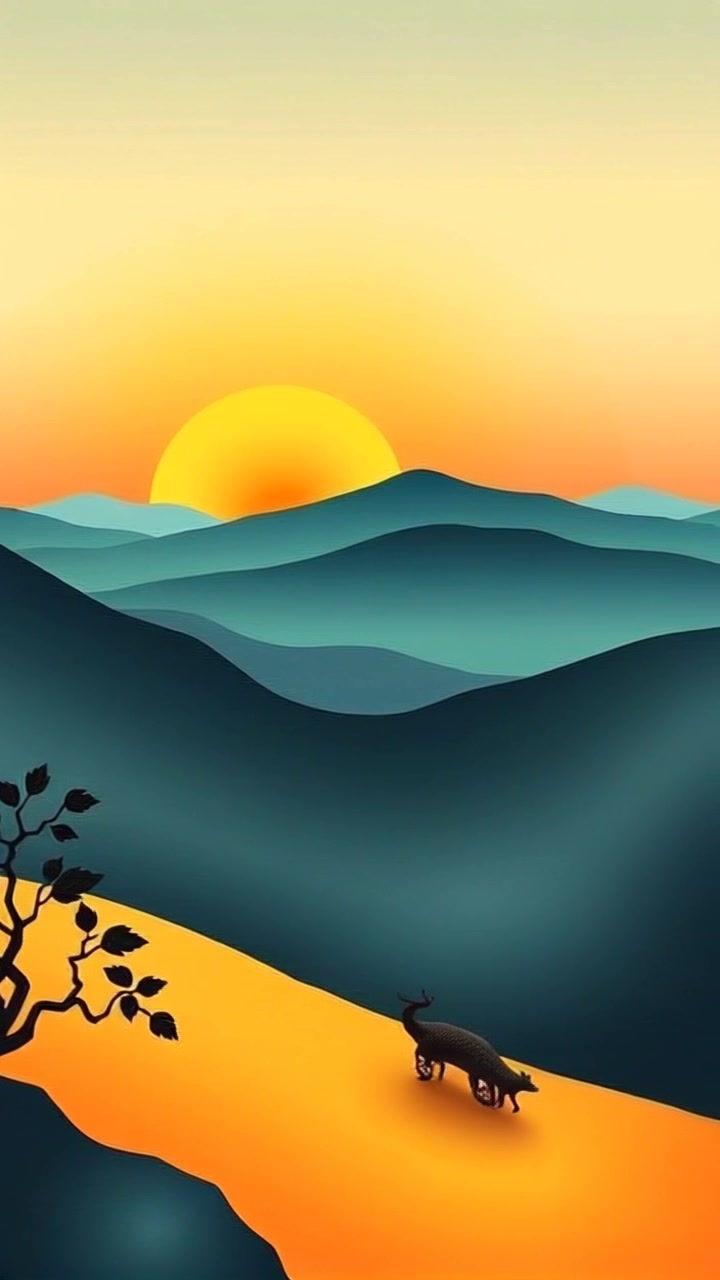 Scene: A serene landscape featuring rolling hills bathed in the warm hues of a sunrise, symbolizing a new beginning. Style: Soft morning light gently illuminating the vibrant greens and earthy tones of the hills. Motion: Camera slowly pans across the landscape, capturing the gradual ascent of the sun as it casts a golden glow over the peaceful scene, enhancing the tranquil atmosphere.