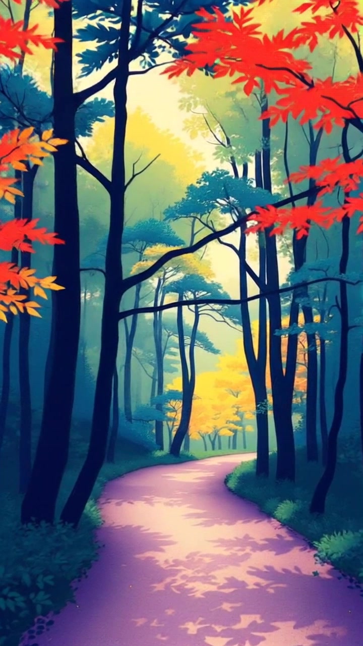 Scene: A winding path through a dense forest, sunlight filtering through lush tree canopies. Style: Soft, dappled sunlight creating a warm, inviting atmosphere with rich greens and browns. Motion: The camera glides gently along the path, weaving through the trees, with light catching on the leaves and illuminating the forest floor.